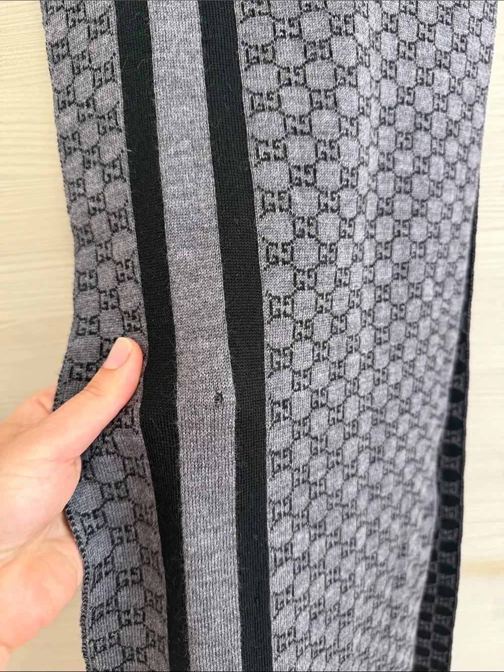 Gucci GG Monogram Wool Silk Scarf Gray Black Reversible